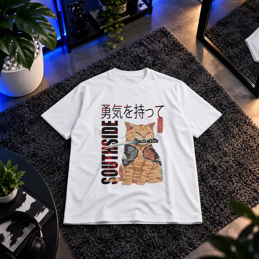 تیشرت گربه سامورایی طرح Courage ژاپنی