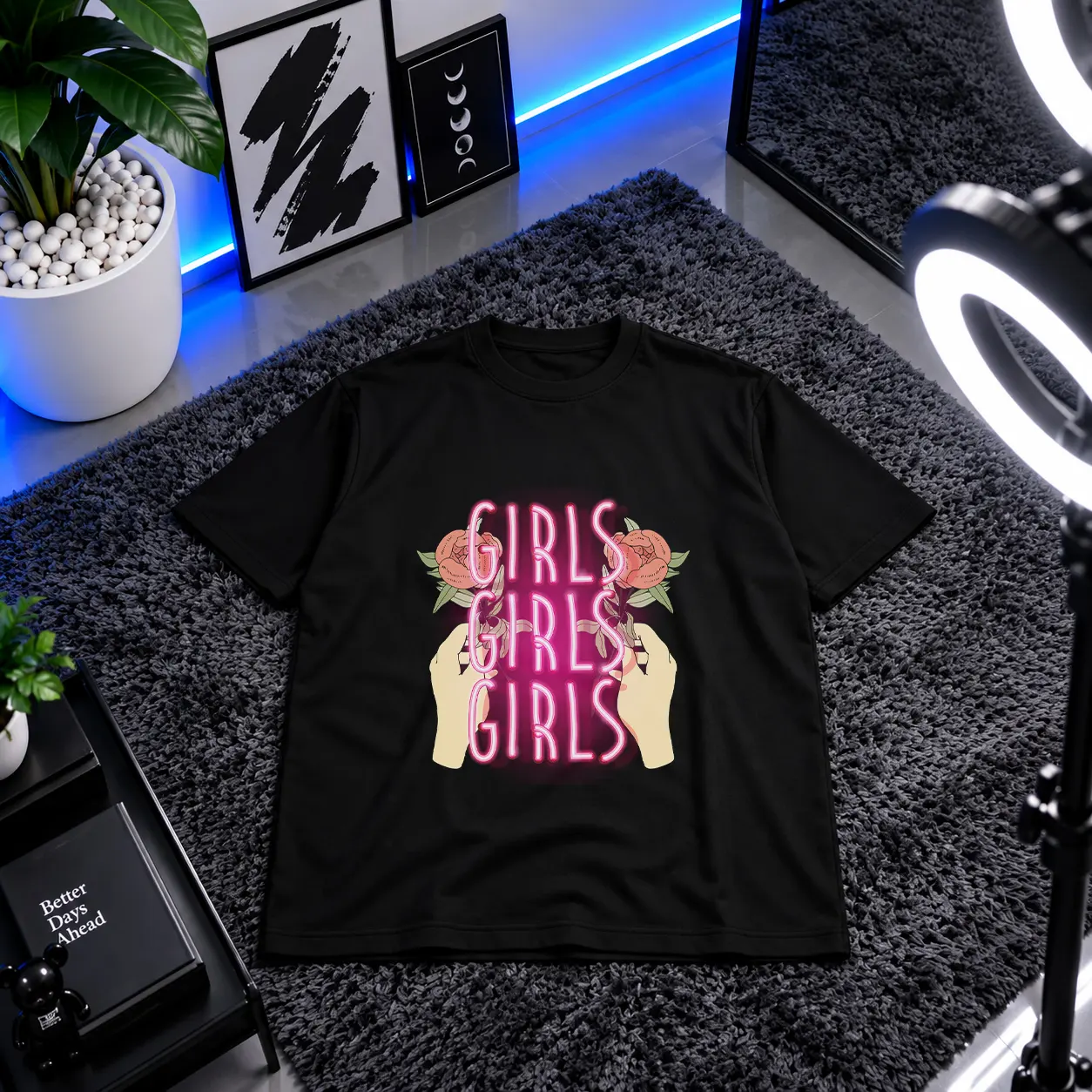تیشرت دخترونه طرح نئونی Girls Girls Girls کد 19763