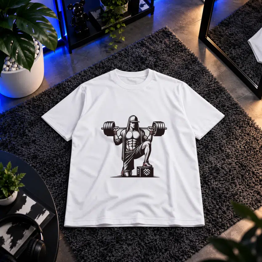 تیشرت بدنسازی طرح مجسمه‌ای با دمبل