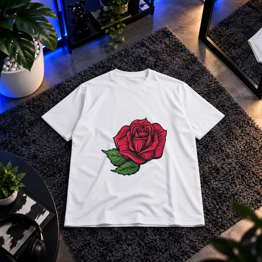 تیشرت گل رز قرمز طرح کلاسیک