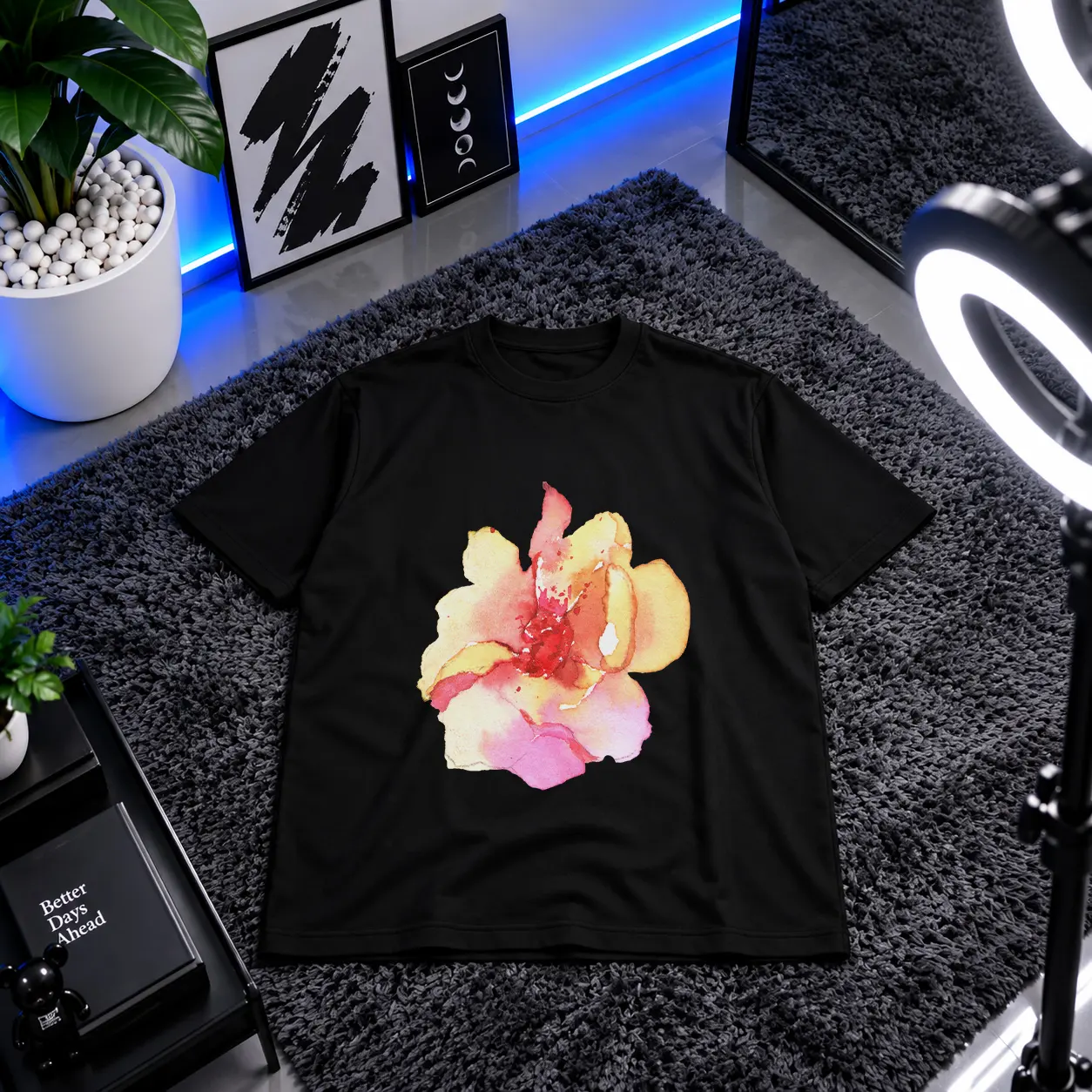 تیشرت گل طرح آبرنگ صورتی کد 27993