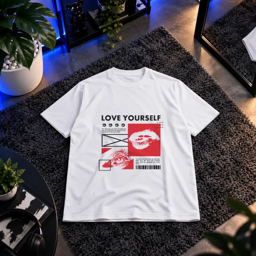 تیشرت طرح Love Yourself با لب و چشم