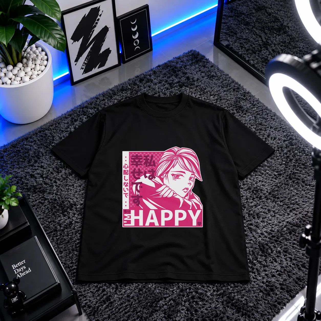 تیشرت دختر انیمه طرح Happy صورتی کد 30722
