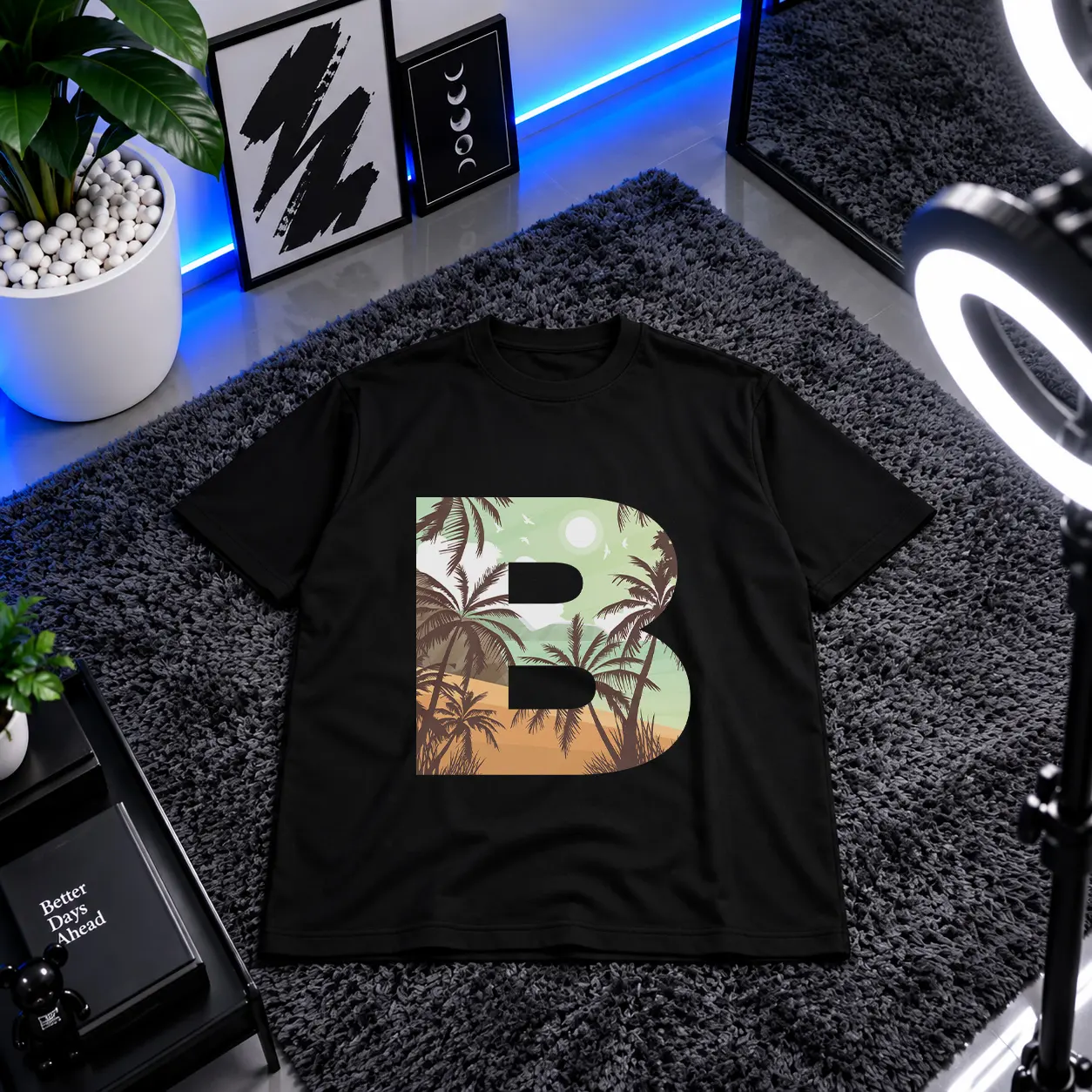 تیشرت طرح حرف B و نخل غروب (Letter B Sunset) کد 30867