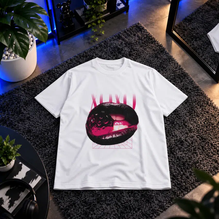 تیشرت طرح لب مشکی و عنکبوت XOXO
