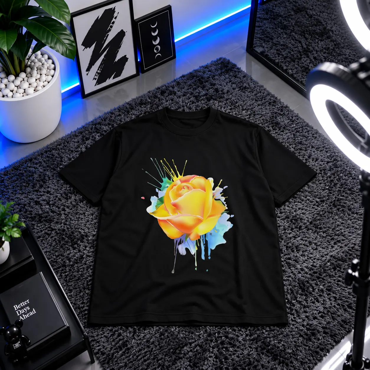 تیشرت گل رز زرد طرح آبرنگی کد 6290