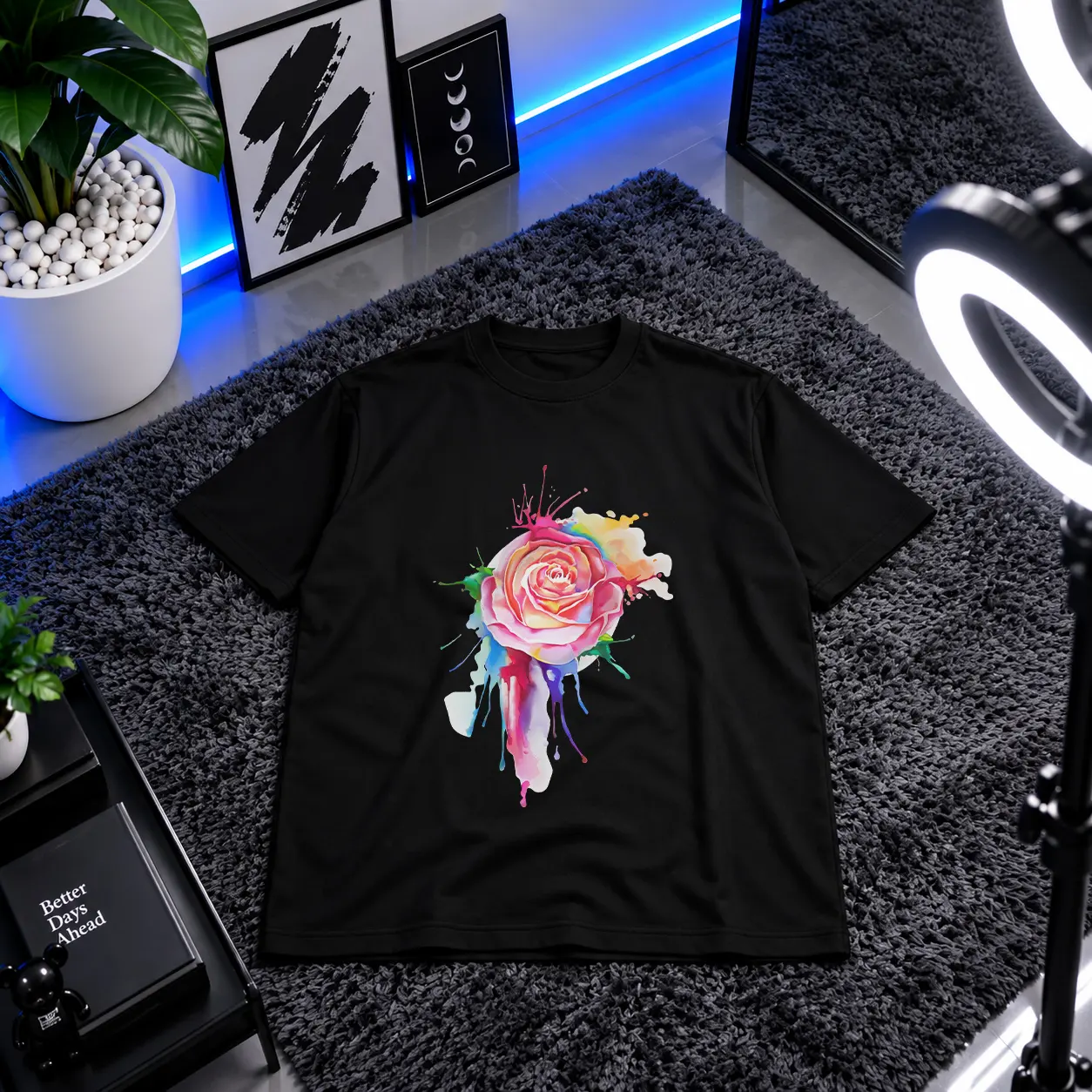 تیشرت گل رز صورتی طرح آبرنگی کد 6292