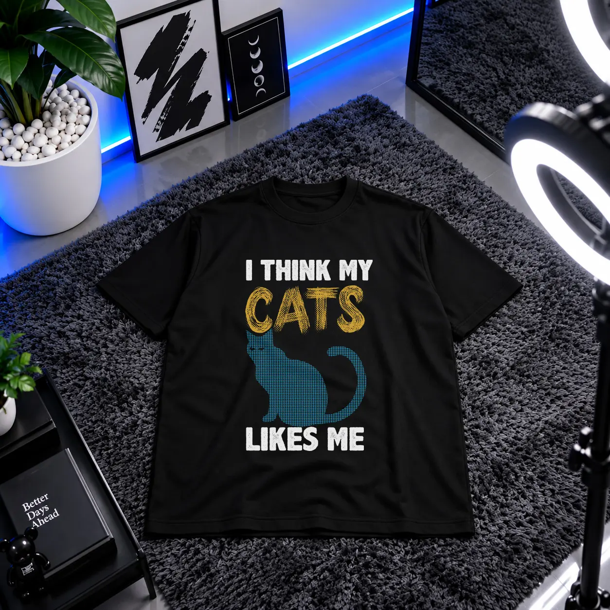 تیشرت گربه آبی نوشته I Think My Cats Likes Me کد 6776