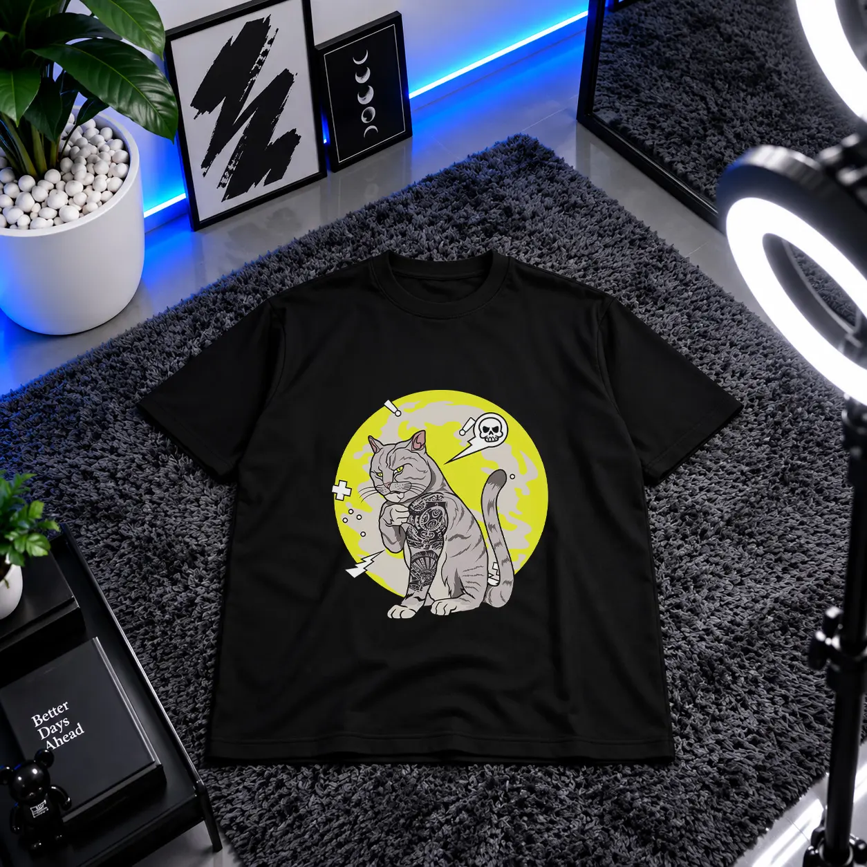 تیشرت گربه طرح تتو و جمجمه کد 6861