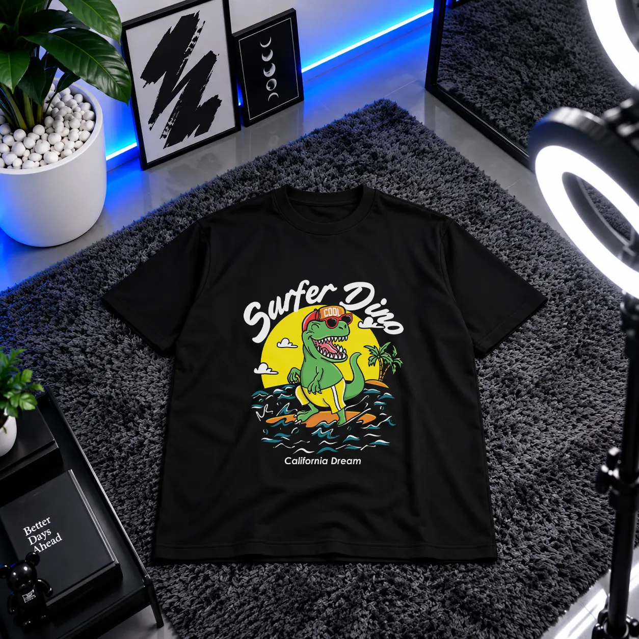 تیشرت کارتونی دایناسور طرح Surfer Dino California Dream کد 7278
