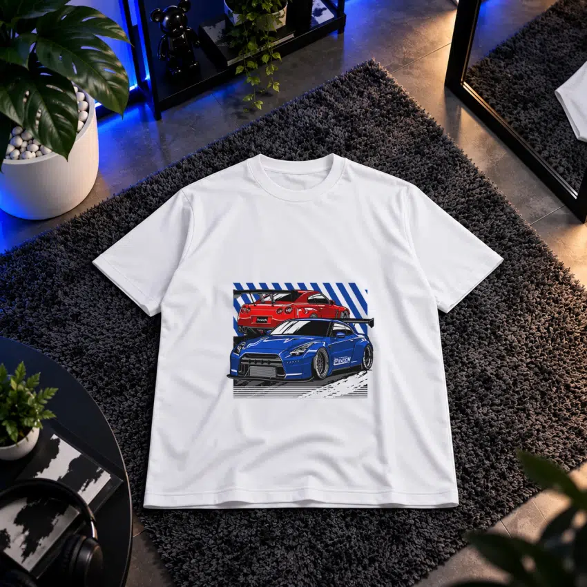 تیشرت نیسان GT-R آبی و قرمز طرح کلاژ خودرو