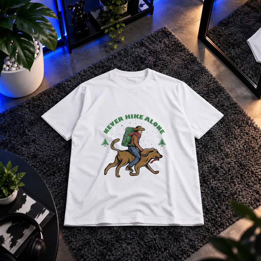 تیشرت طبیعت‌گردی طرح زن و سگ Never Hike Alone
