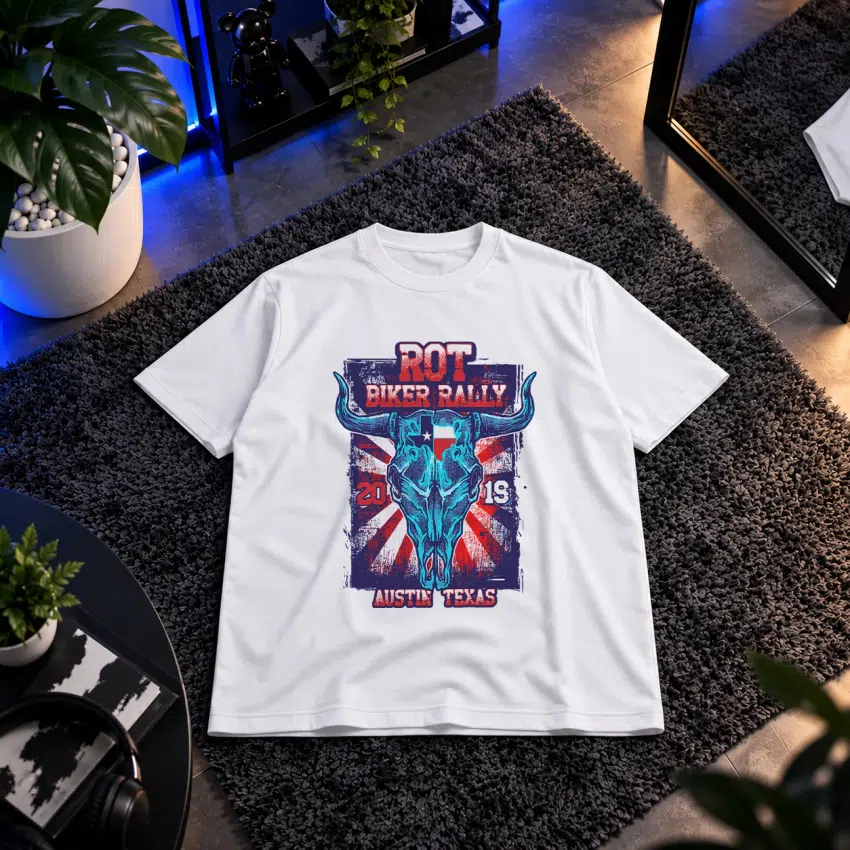 تیشرت جمجمه گاو طرح ROT Biker Rally Austin Texas