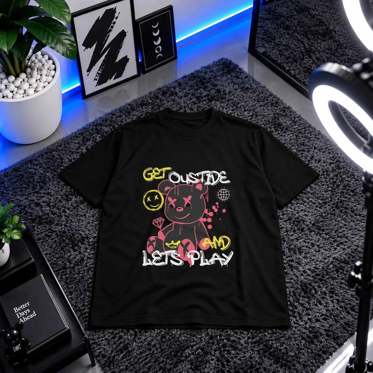 تیشرت خرس صورتی خطی و نوشته Get Outside کد 880