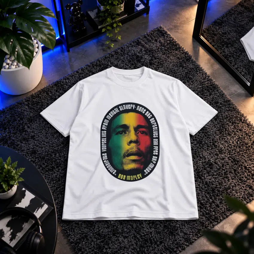 تیشرت باب مارلی طرح پرتره رنگی و متن آهنگ (Bob Marley)