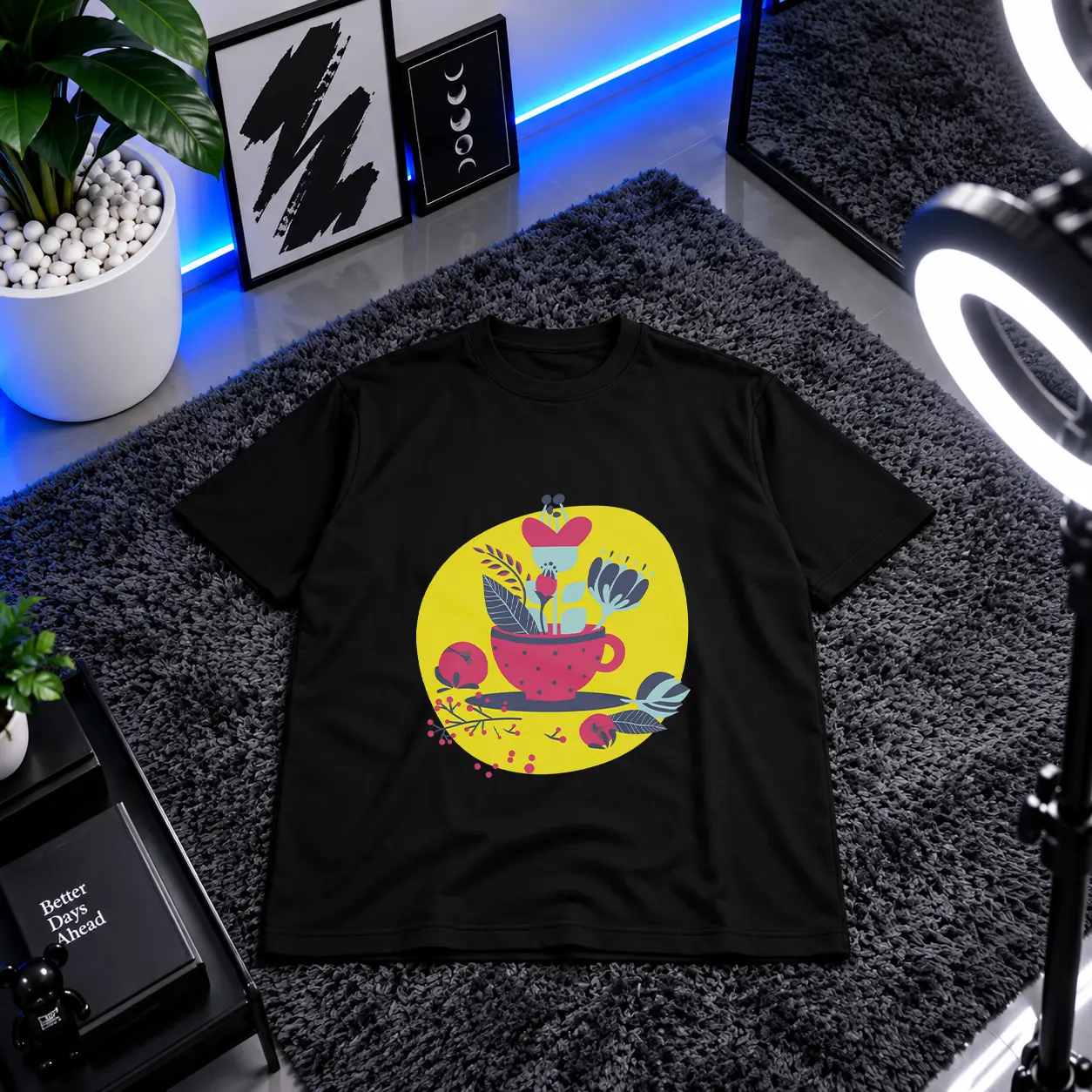 تیشرت طرح گل و فنجان چای کد 9041