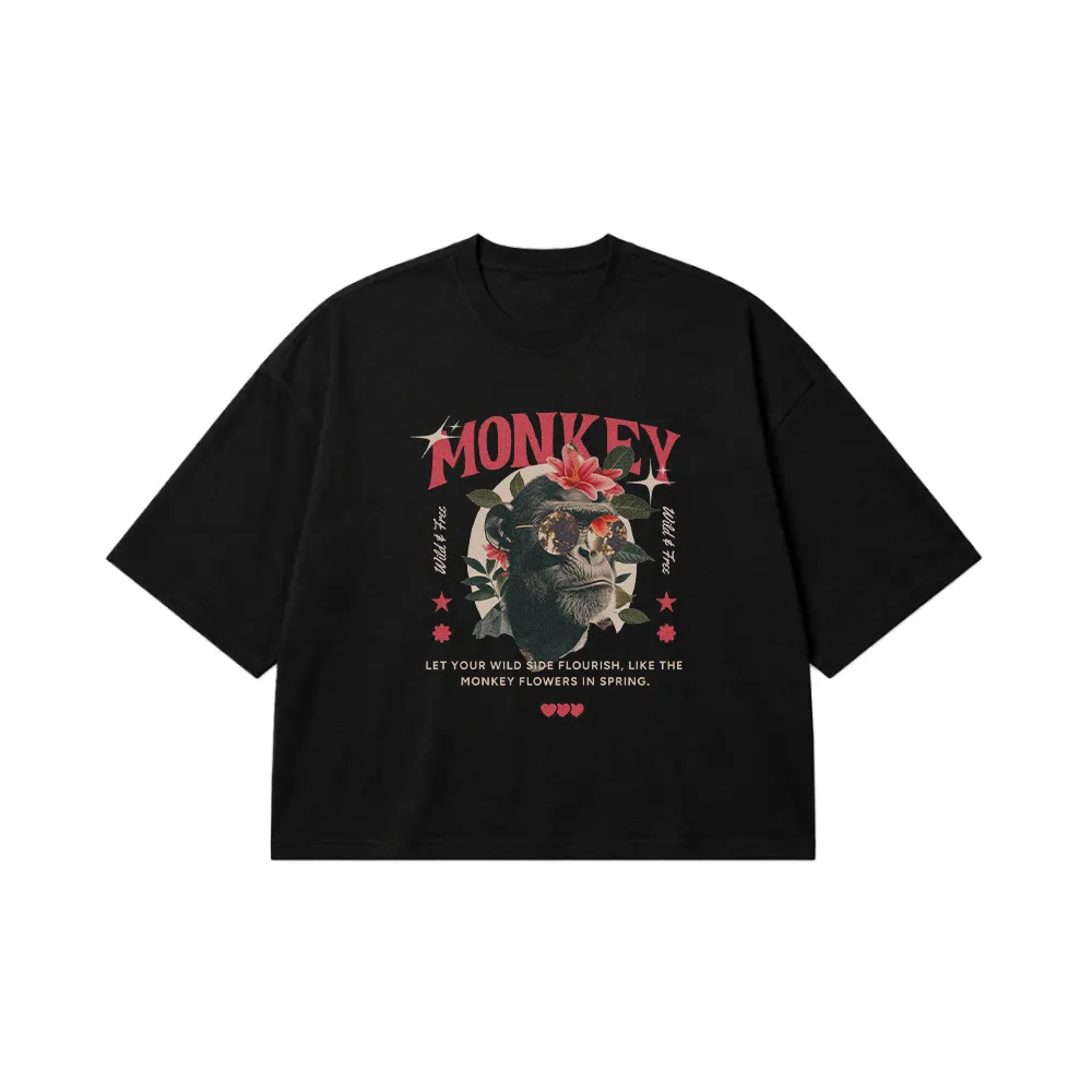 تیشرت باکسی میمون طرح گل‌دار وینتیج (Monkey) کد 24233