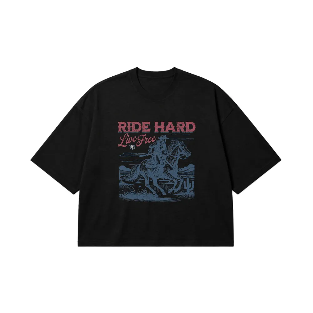 تیشرت باکسی وسترن طرح Ride Hard Live Free کد 26717