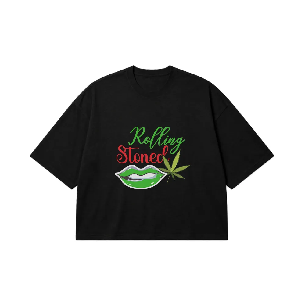 تیشرت باکسی طرح لب و برگ Rolling Stoned کد 26853