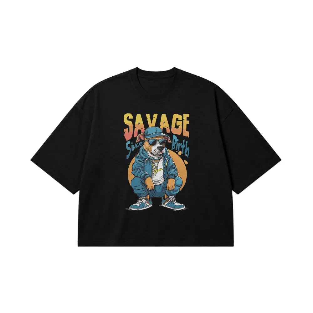 تیشرت باکسی سگ کارتونی طرح Savage Since Birth کد 27127