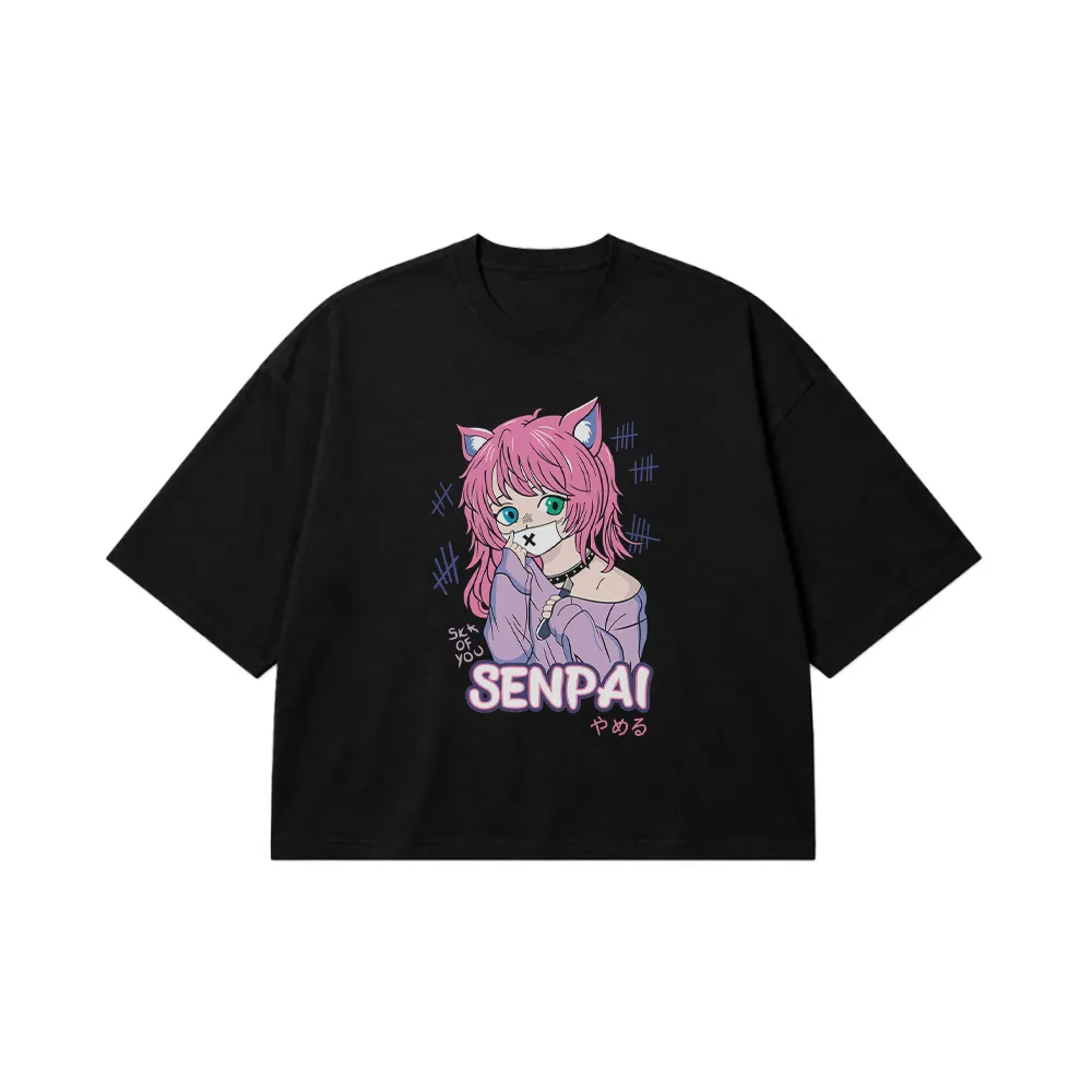 تیشرت باکسی انیمه دخترانه طرح گربه‌ای Senpai کد 27222