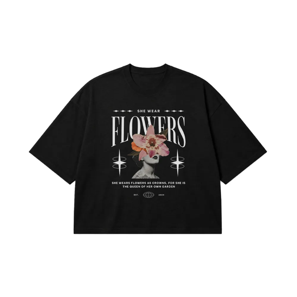 تیشرت باکسی طرح She Wears Flowers کد 27380