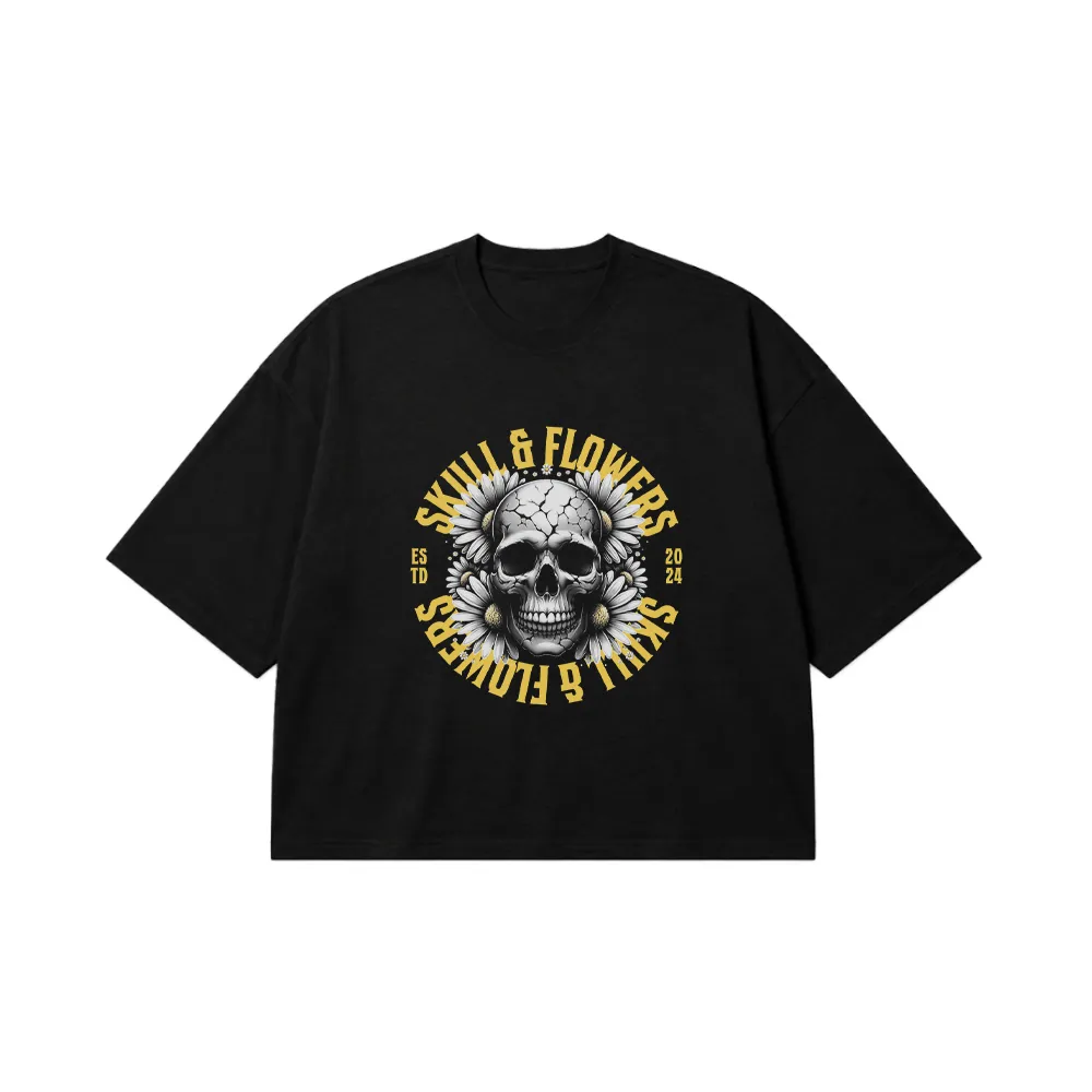 تیشرت باکسی جمجمه طرح Skull & Flowers کد 27607