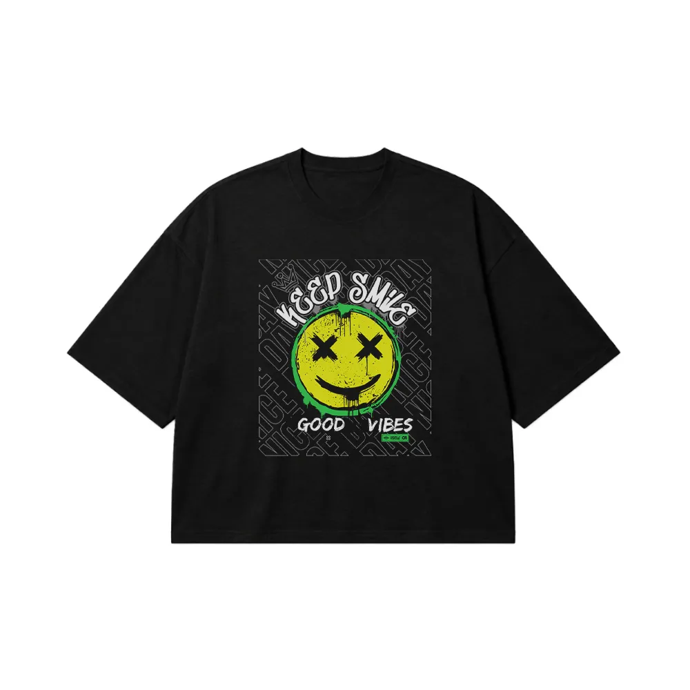 تیشرت باکسی اسمایلی طرح Keep Smile Good Vibes کد 28192
