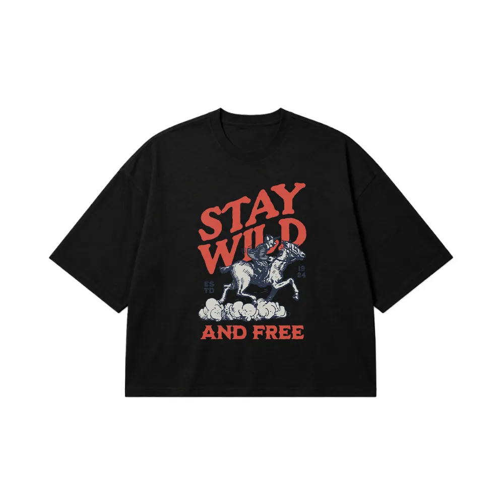 تیشرت باکسی اسب‌سوار طرح Stay Wild and Free کد 28381