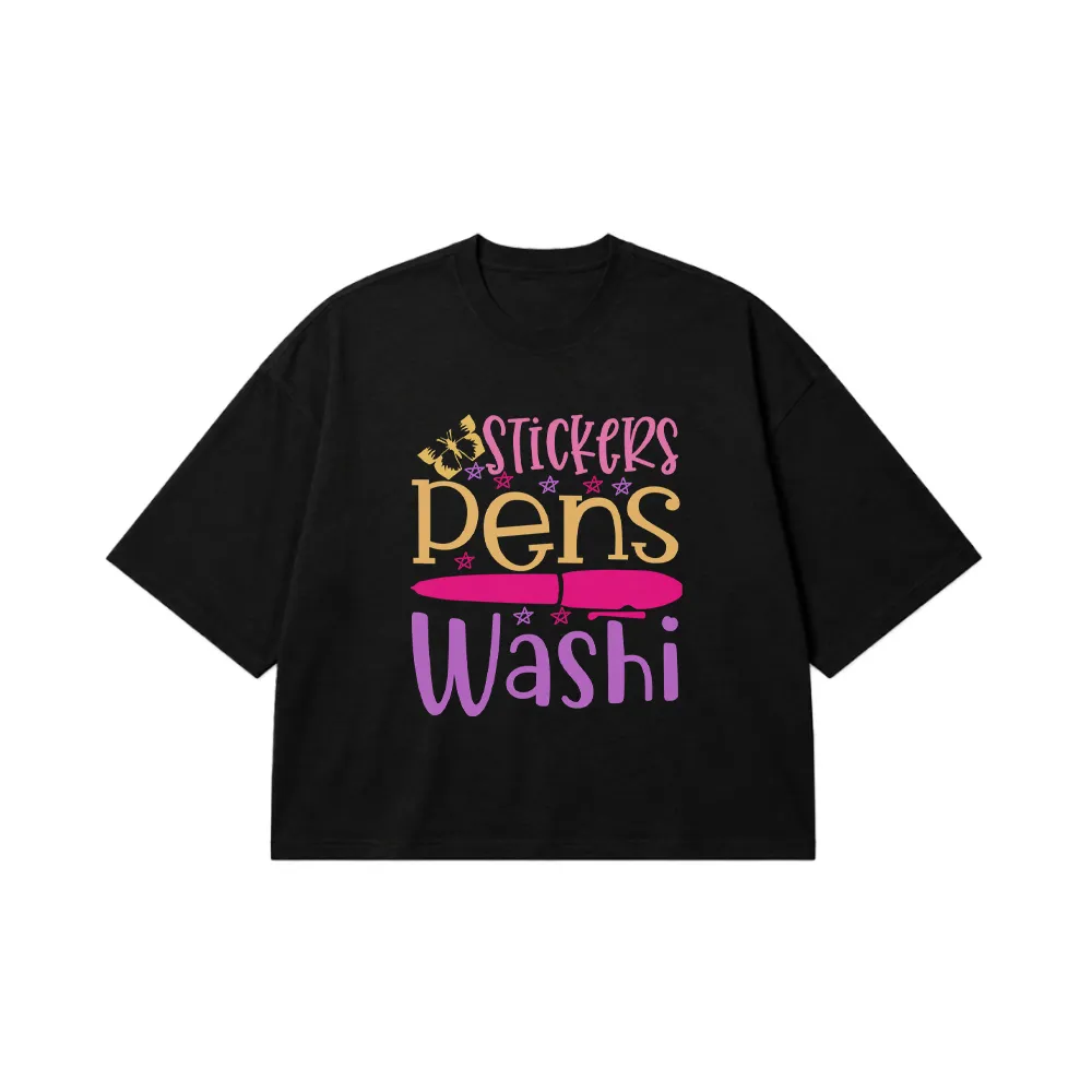 تیشرت باکسی طرح تایپوگرافی Stickers Pens Washi کد 28397