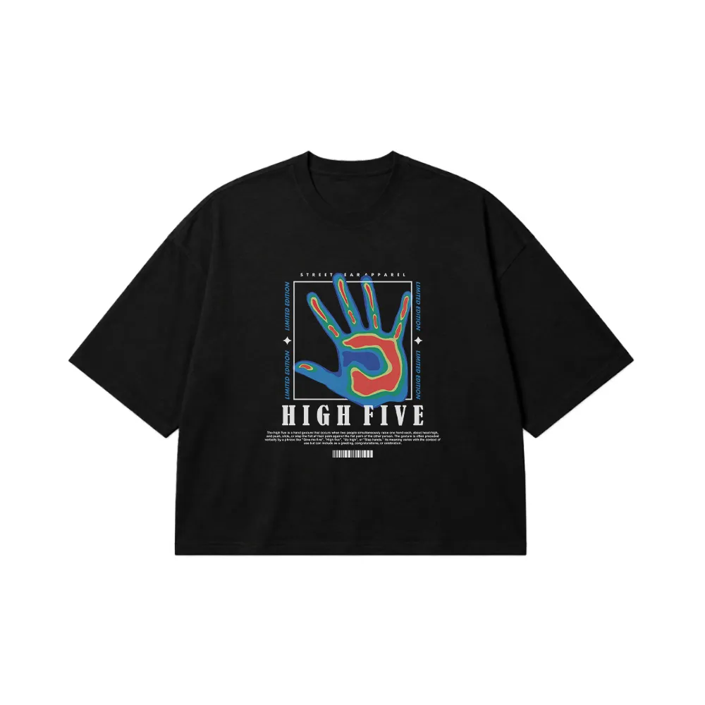 تیشرت باکسی دست رنگی طرح High Five کد 28590