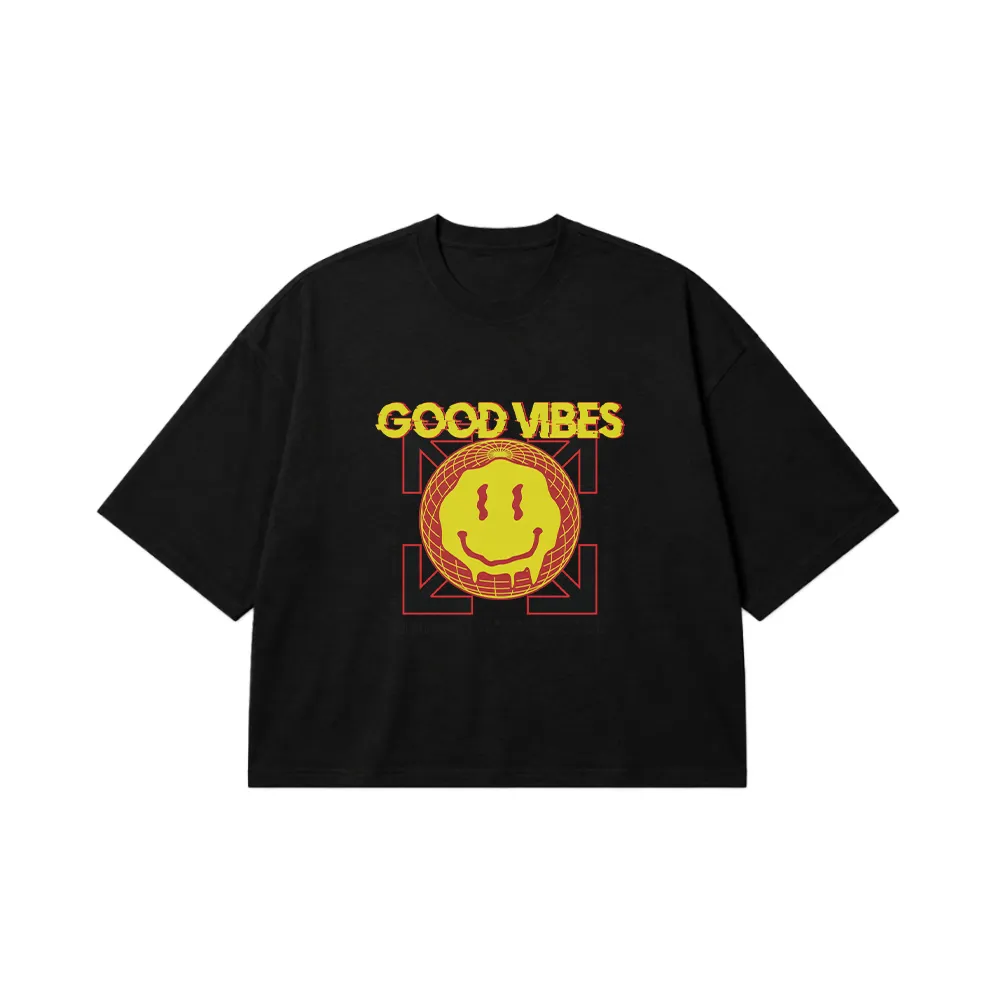 تیشرت باکسی لبخند طرح Good Vibes کد 28697