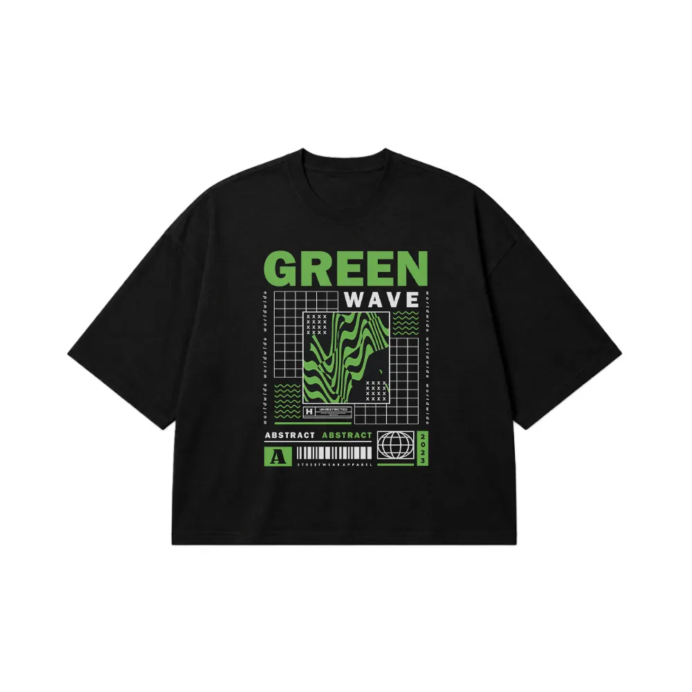 تیشرت باکسی آبستره طرح Green Wave کد 28786