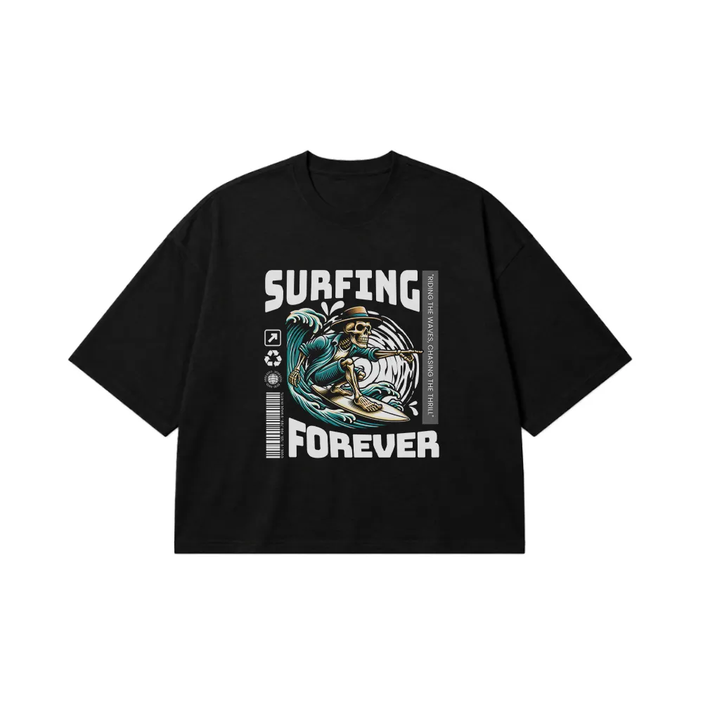 تیشرت باکسی تابستانی اسکلت موج‌سوار طرح Surfing Forever کد 29100