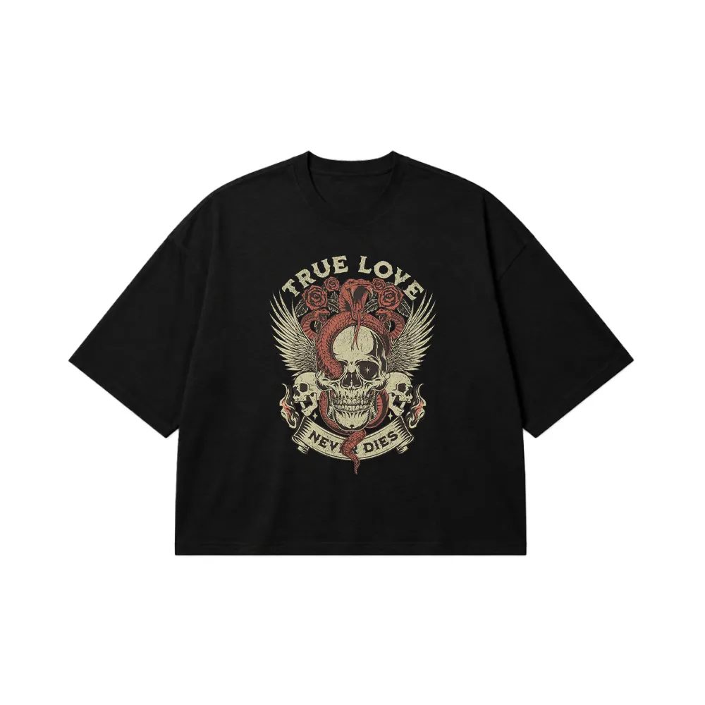 تیشرت باکسی جمجمه و رز طرح True Love Never Dies کد 29777