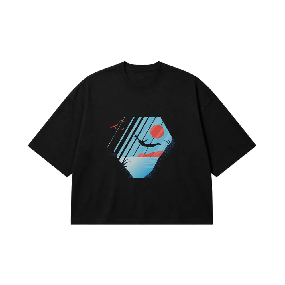 تیشرت باکسی طرح پرنده و غروب هندسی (Geometric Sunset Bird) کد 30859