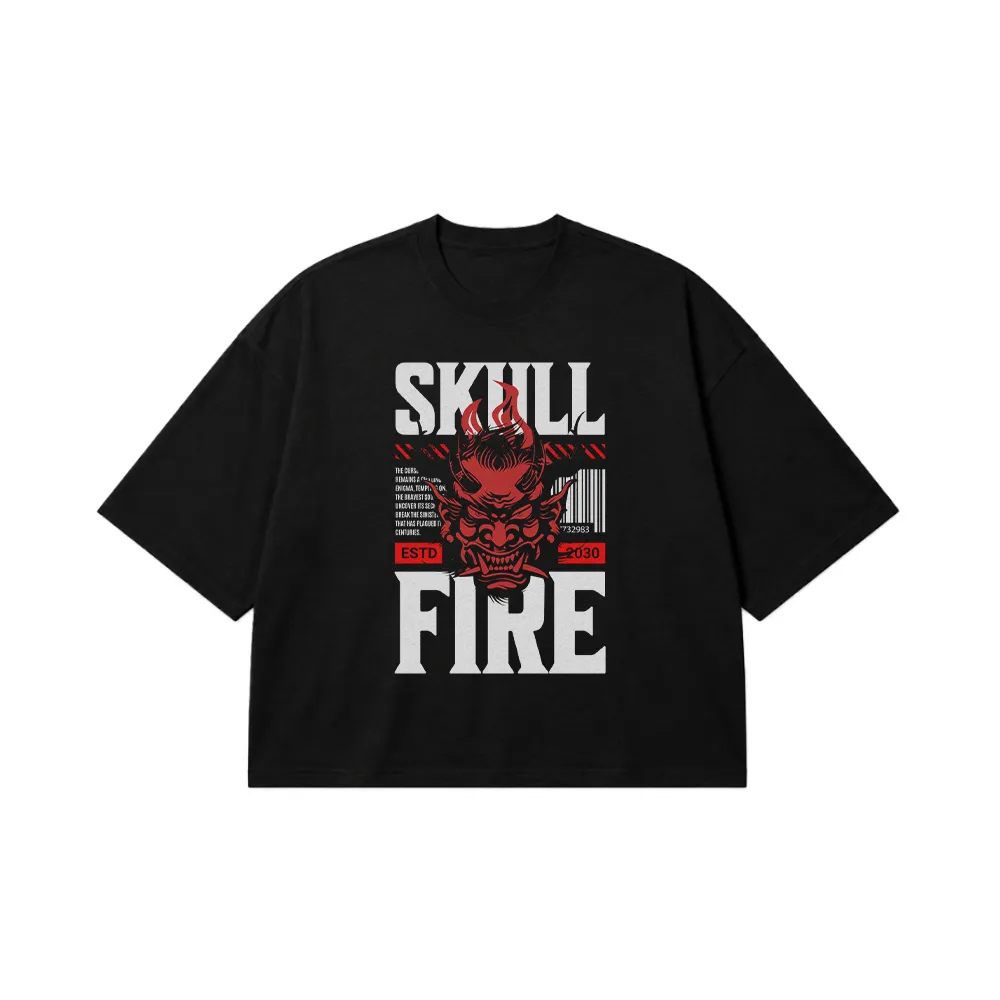 تیشرت باکسی جمجمه طرح شیطان ژاپنی (Skull Fire) کد 31265