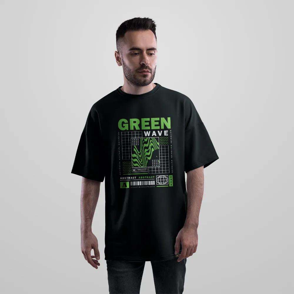 تیشرت اورسایز آبستره طرح Green Wave کد 28786