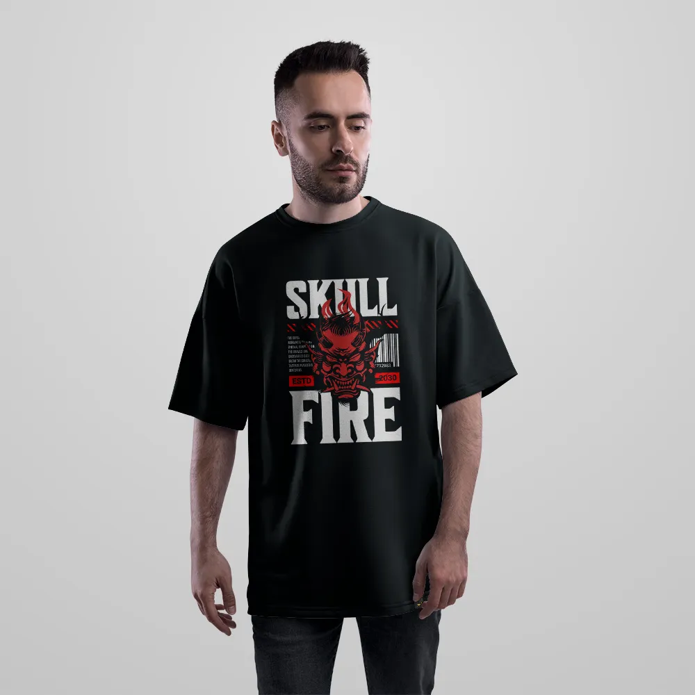 تیشرت اورسایز جمجمه طرح شیطان ژاپنی (Skull Fire) کد 31265